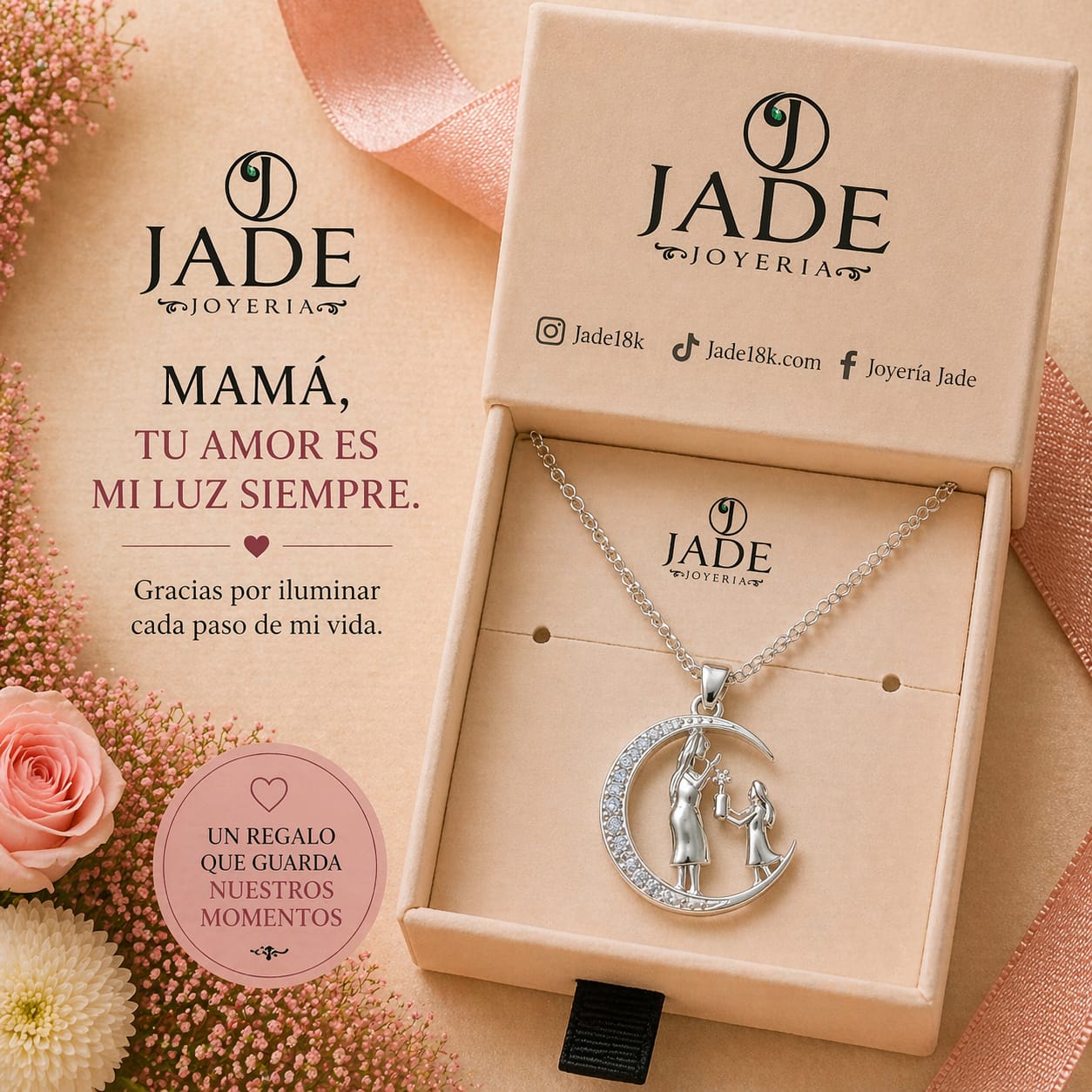 Dije + cadena llevo flores a mamá