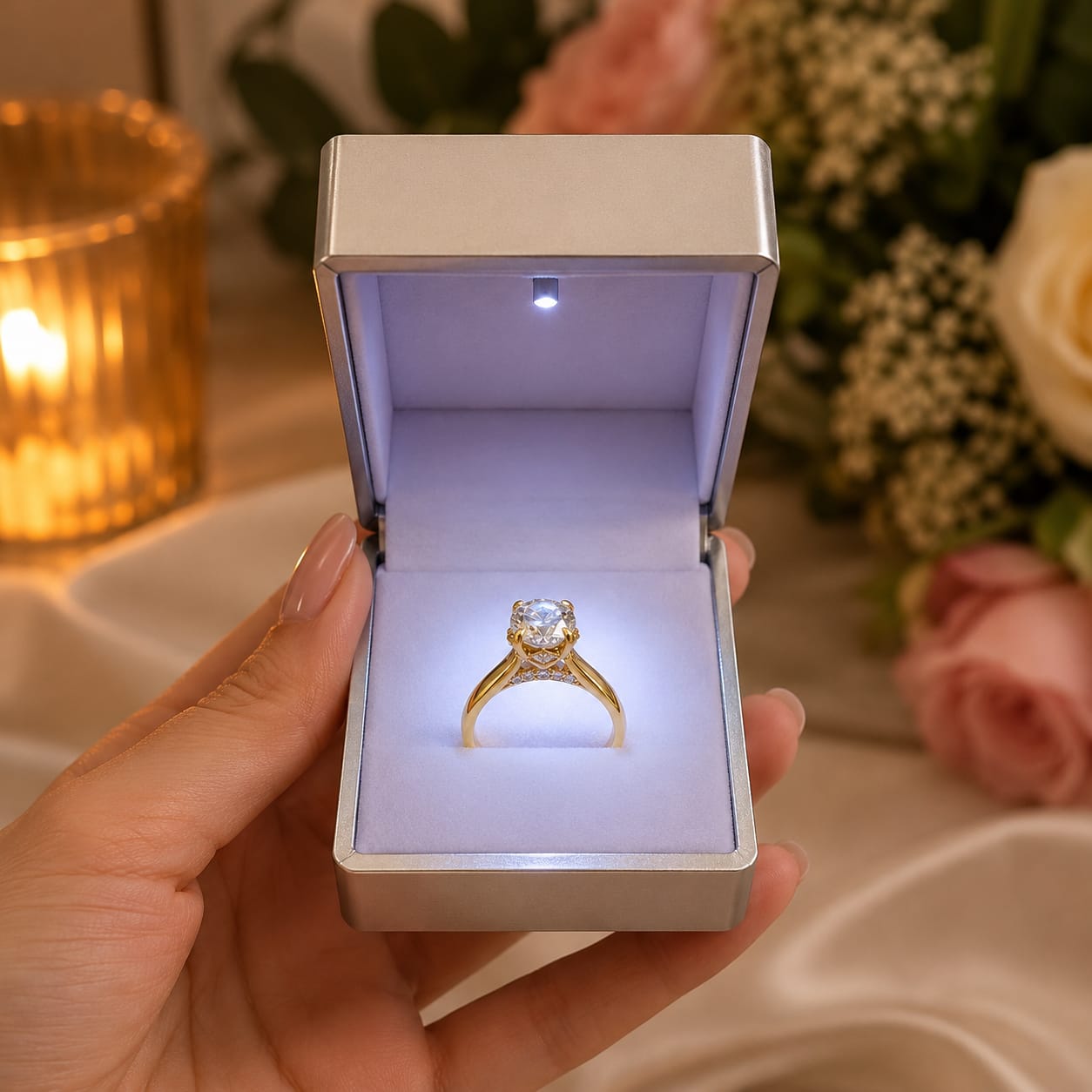 Anillo de compromiso con moissanite brillo y luz