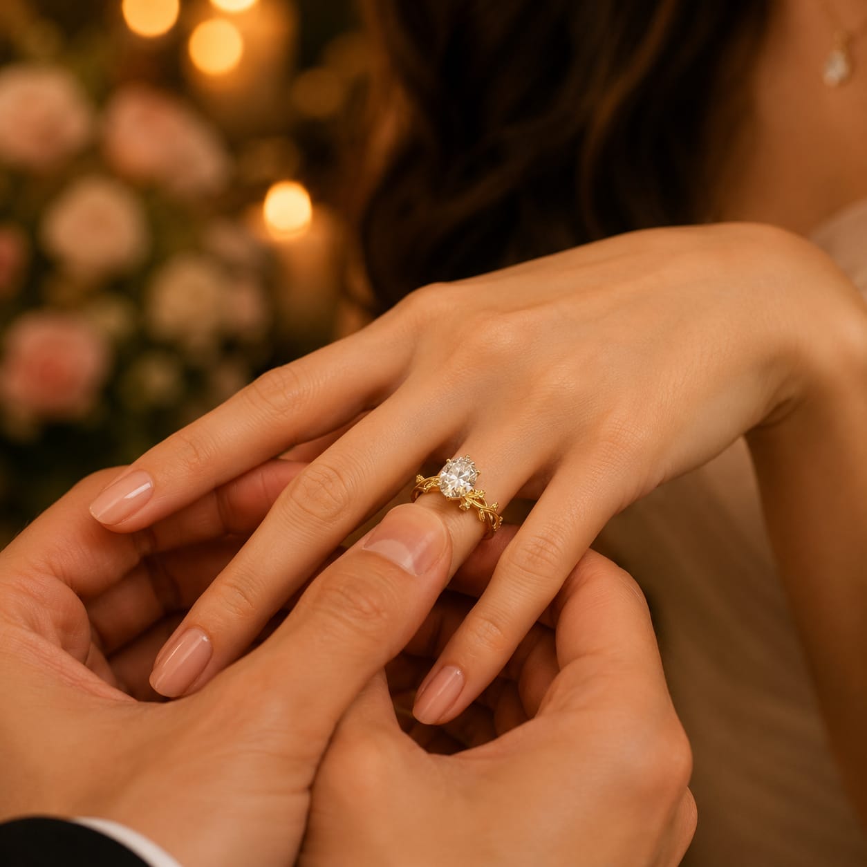 Anillo de compromiso  Hojas de vida con piedra  moissanite