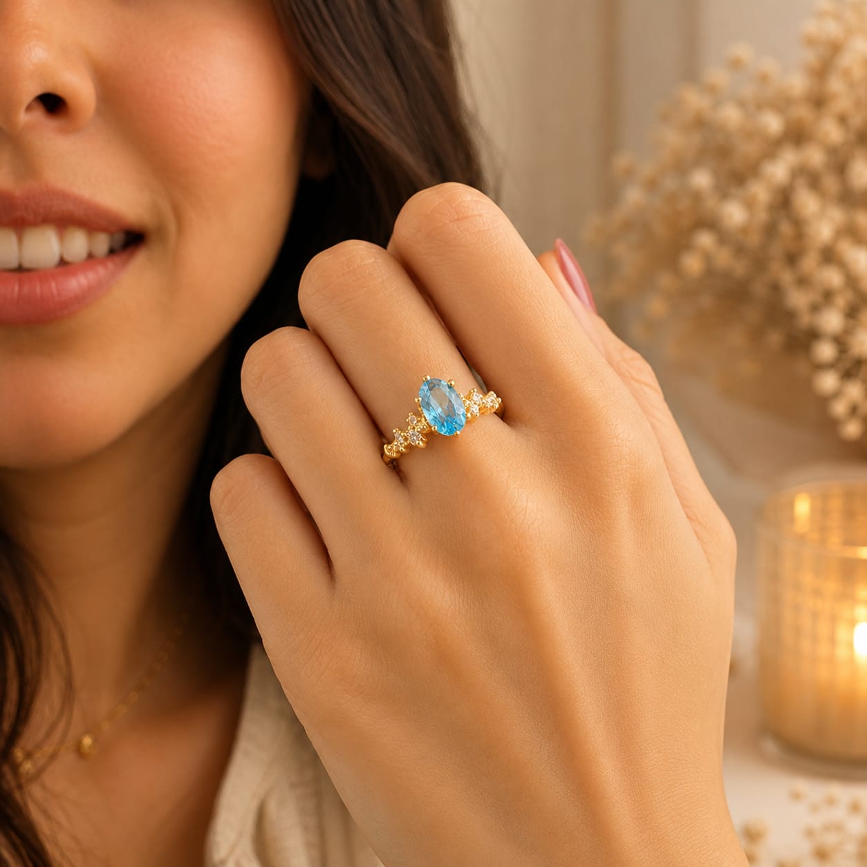 Anillo Con Moissanitas y  Piedra Natural Topacio