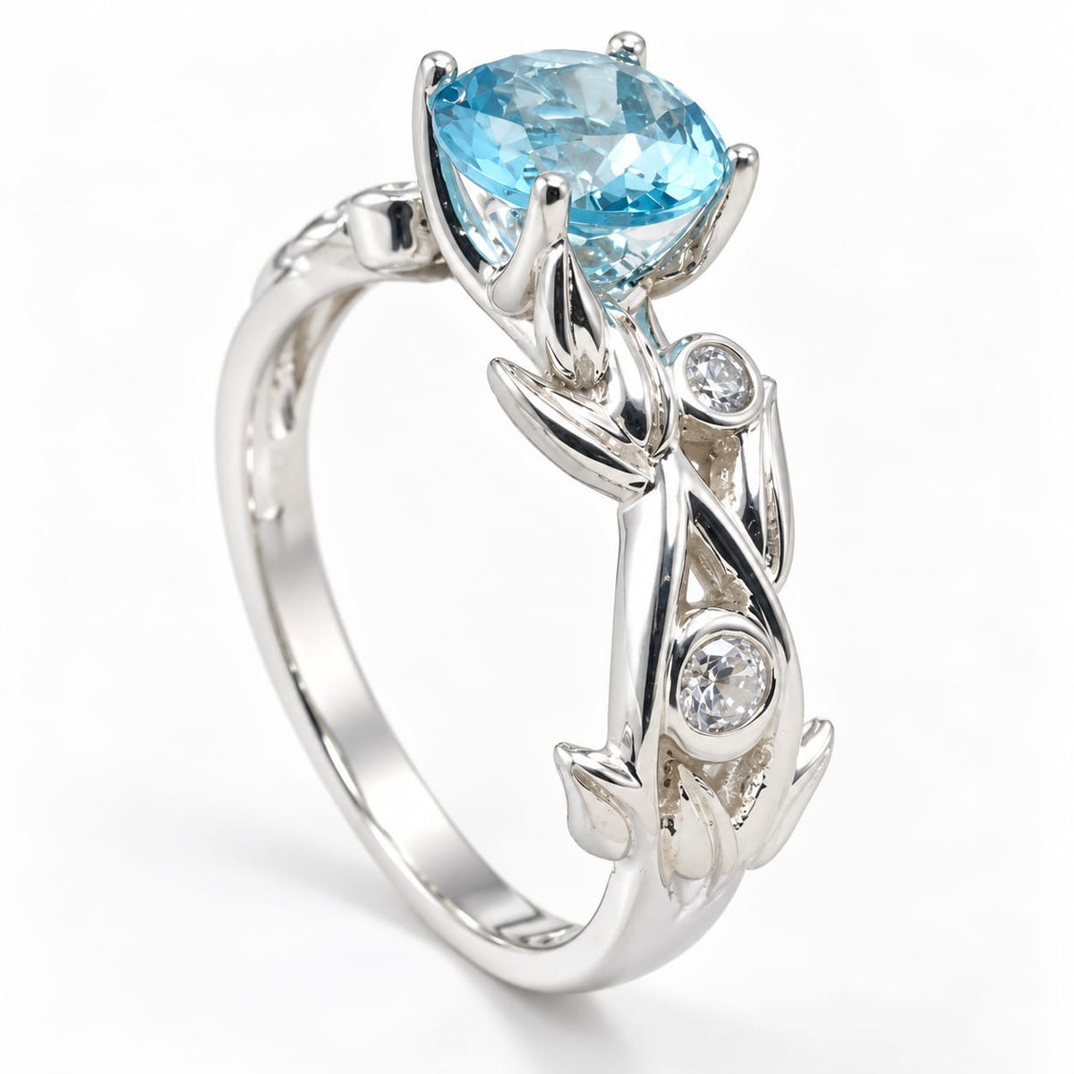 Anillo Erica de Compromiso en Plata Ley Piedra Celeste Tipo Flor