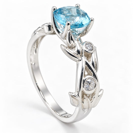 Anillo Erica de Compromiso en Plata Ley Piedra Celeste Tipo Flor – Jade18k