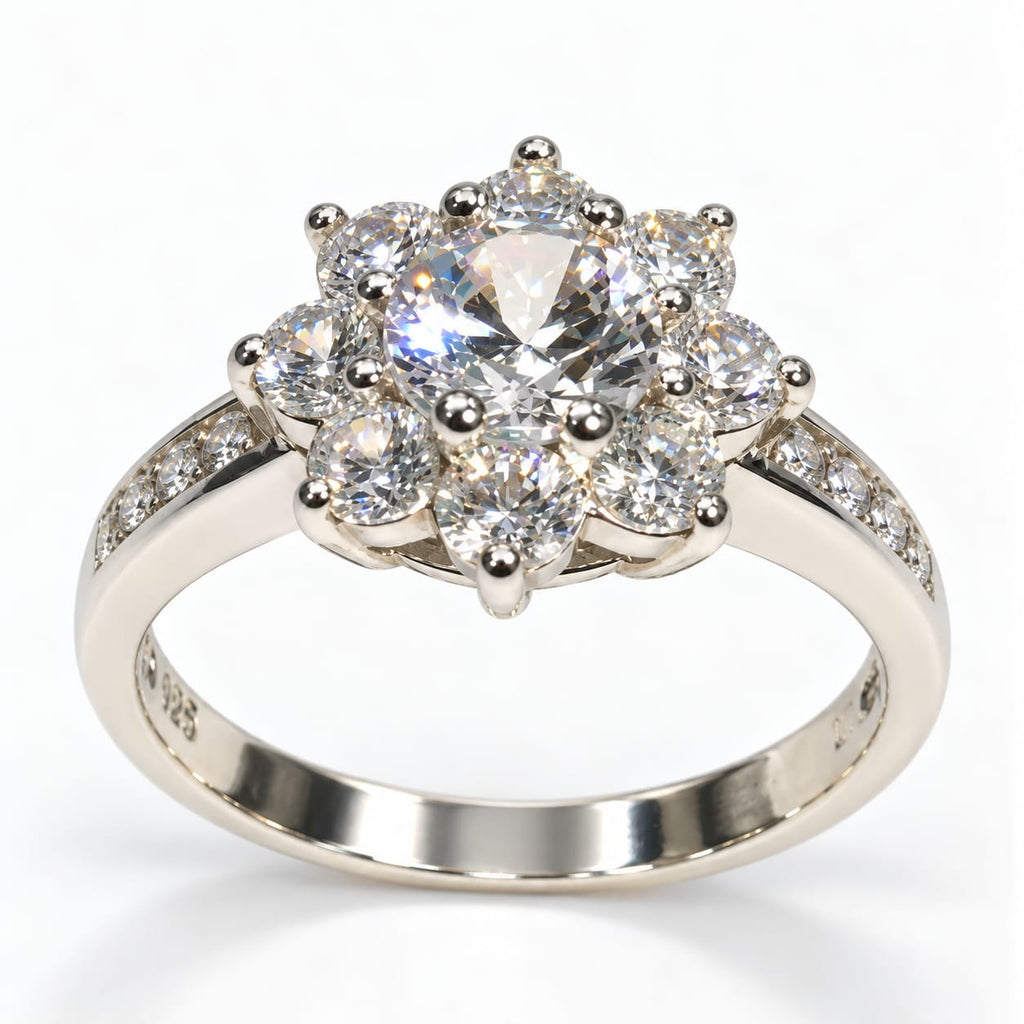 Anillo Blanca de Compromiso en Plata Estilo Flor brillosa