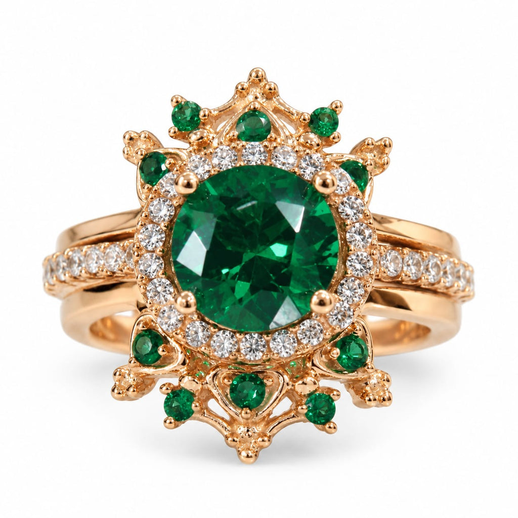 Anillo de compromiso de 2 piezas con piedra verde y azul