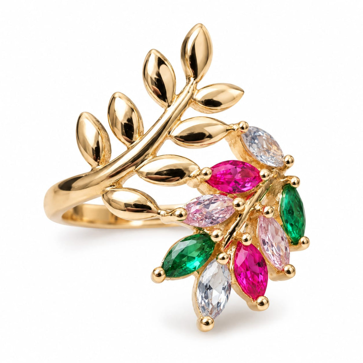 Anillo de hojas con piedras de colores