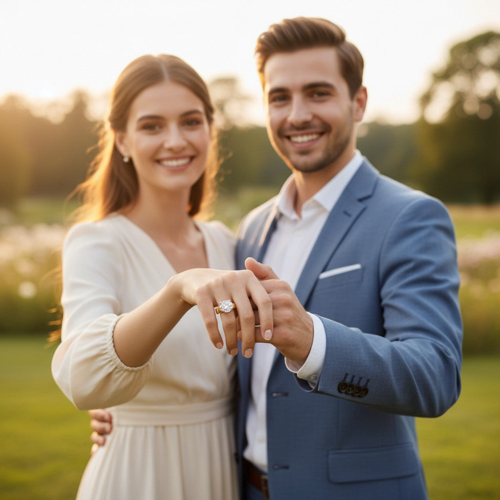 Jade18k 18k orange gold engagement ring with a round cubic zirconia stone and a 9-gram band.