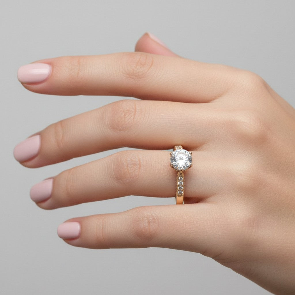 Jade18k 18k orange gold solitaire ring with zircon stones and pavé band