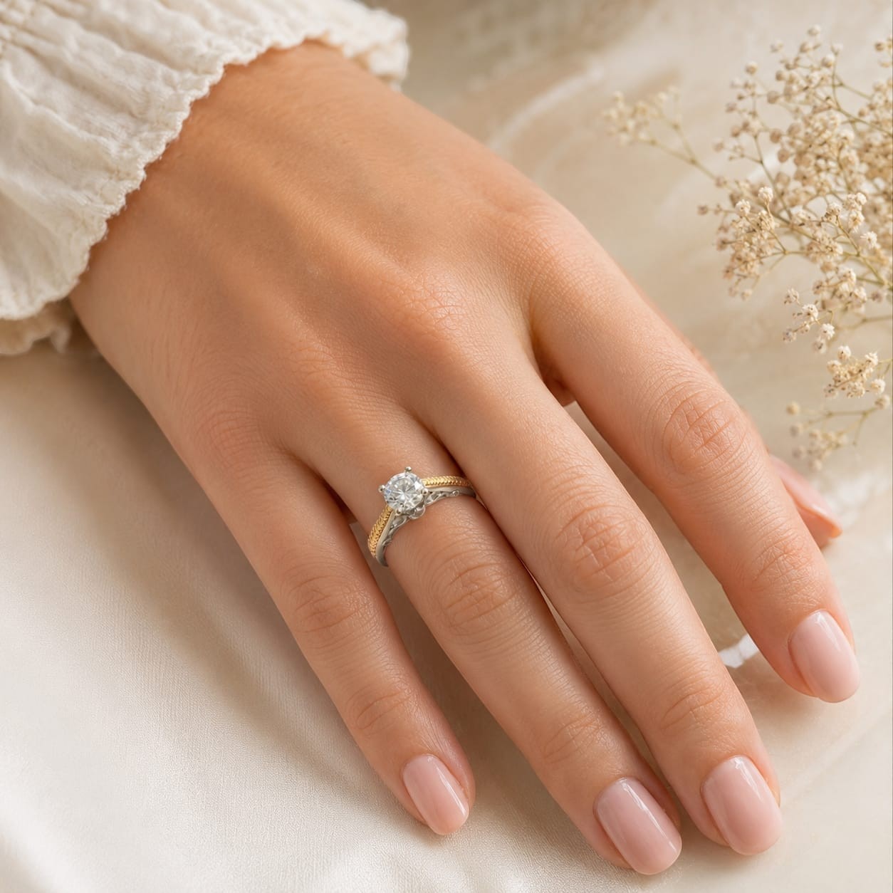 Anillo de compromiso Jade18k Brillo de LUZ en oro 18k y plata con circon central y moissanitas laterales.