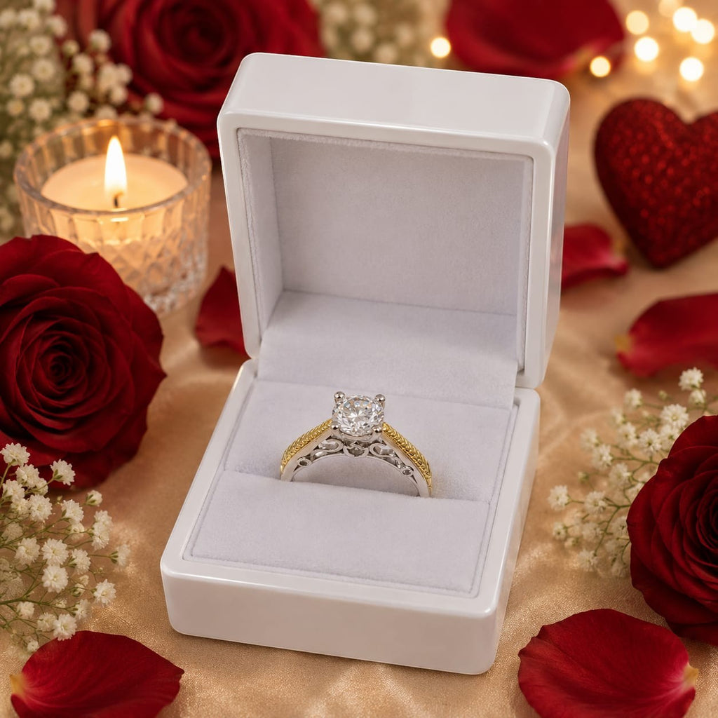 Anillo de compromiso Brillo de LUZ de Jade18k en oro 18k y plata con circon y moissanitas laterales.