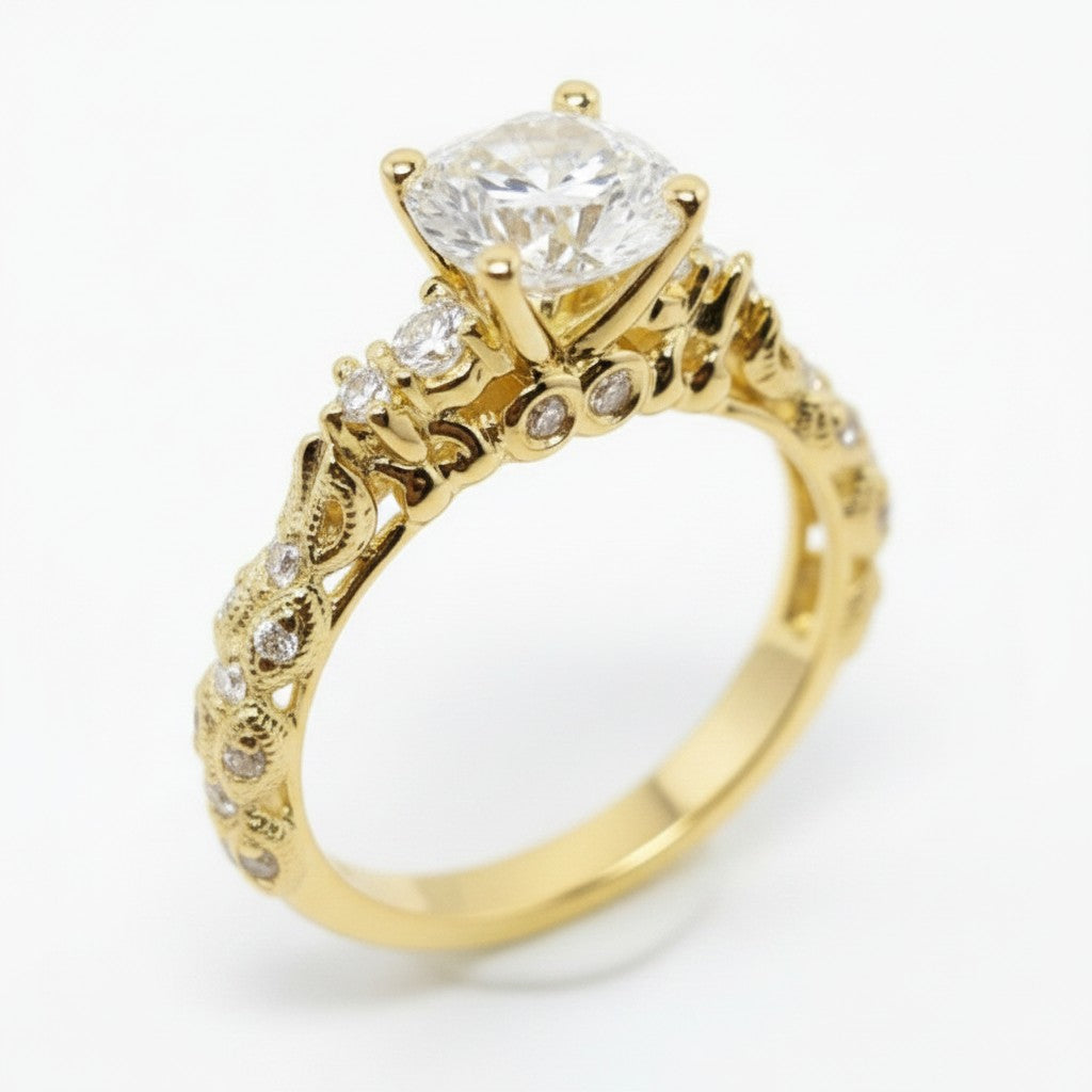 Jade18k Camila engagement ring in 18k orange gold with a central cubic zirconia and small accent stones.