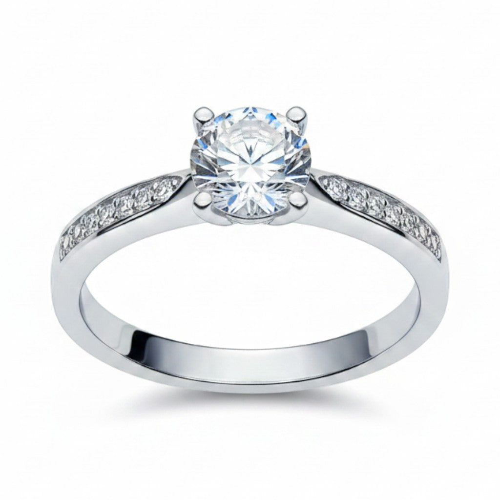Jade18k Eugenia engagement ring in Sterling Silver 970 with a round-cut cubic zirconia and pave band.