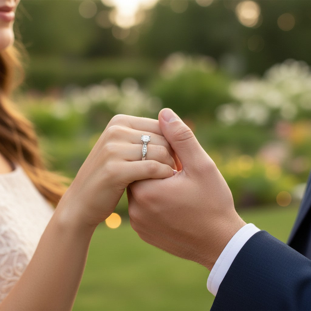 Jade18k April engagement ring in sterling silver with a round-cut diamond and pavé accents.