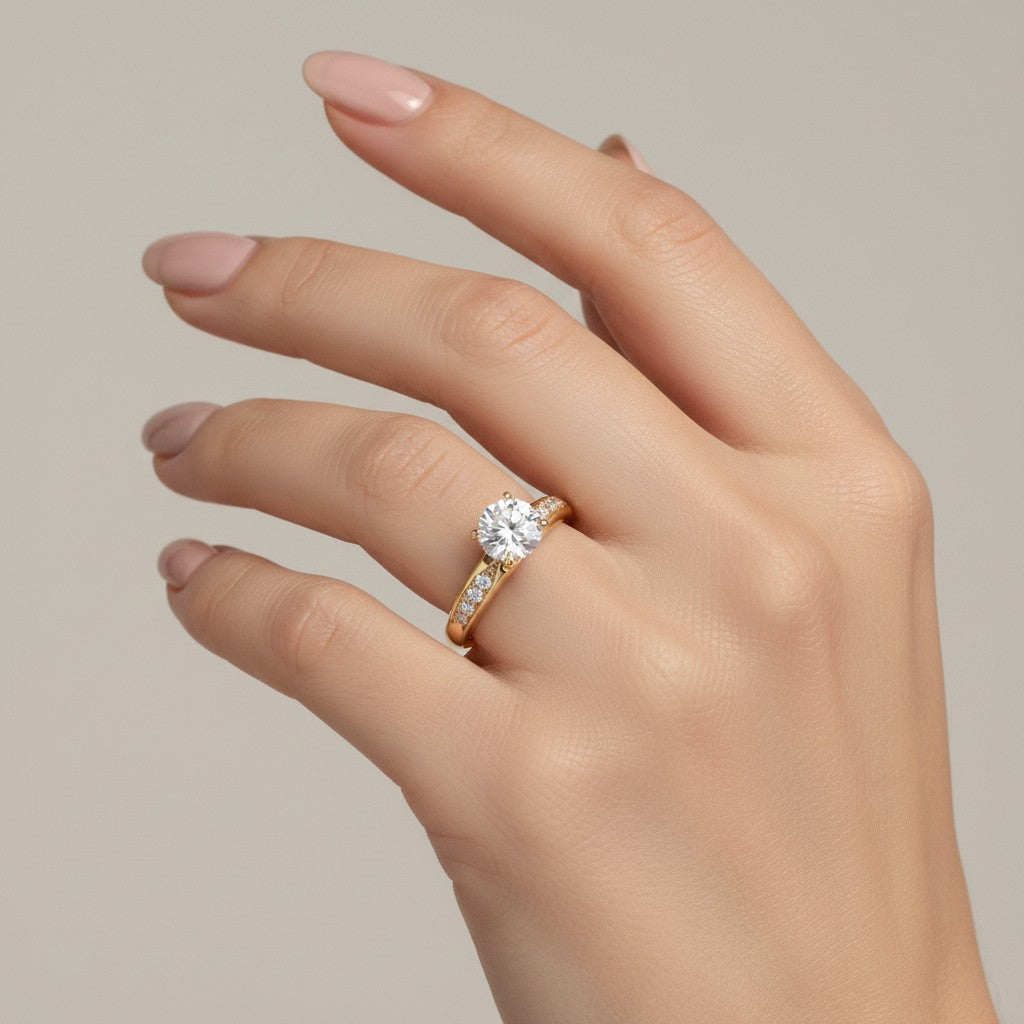 Jade18k 18k orange gold eternity engagement ring with pave-set cubic zirconia stones.