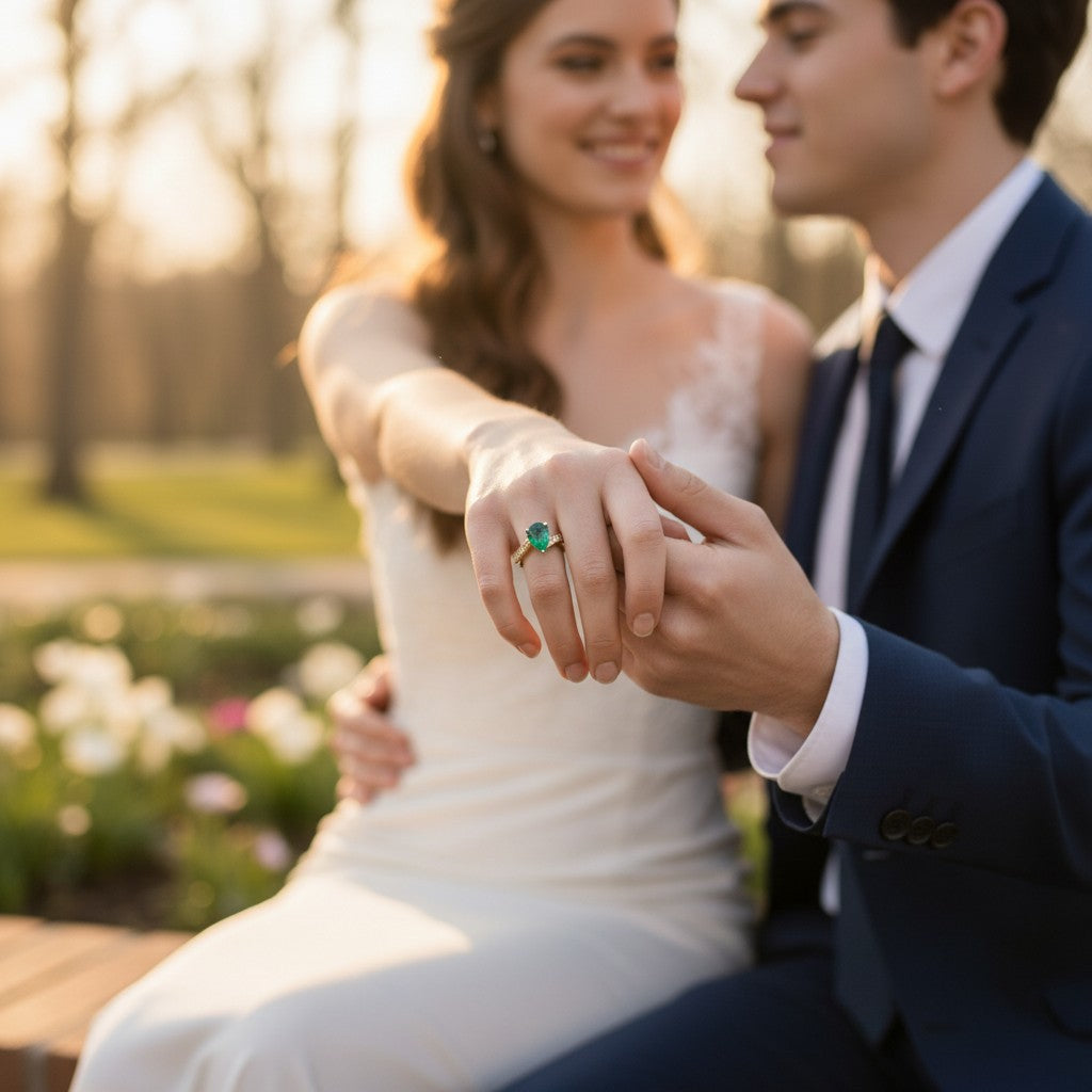 Jade18k yellow gold ring with a pear-cut green zircon center stone and small moissanite side stones.