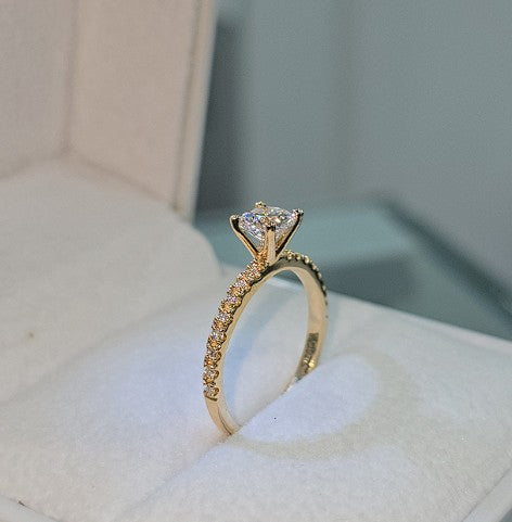 Jade18k Angella engagement ring with moissanite stones in 18k orange gold, pavé band.