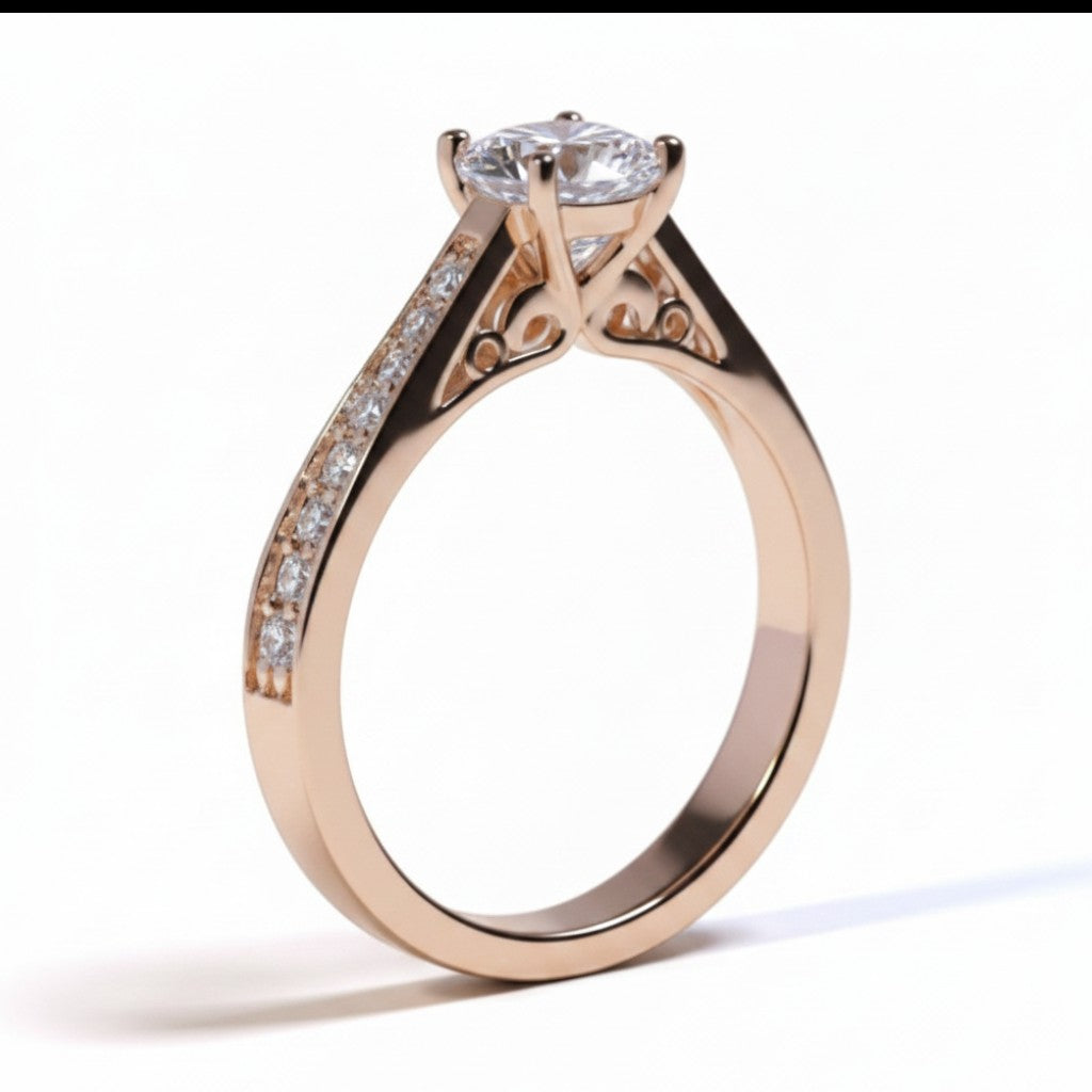 Jade18k Mariafer engagement ring in 18k orange gold with a central diamond and pavé-set stones on the band.