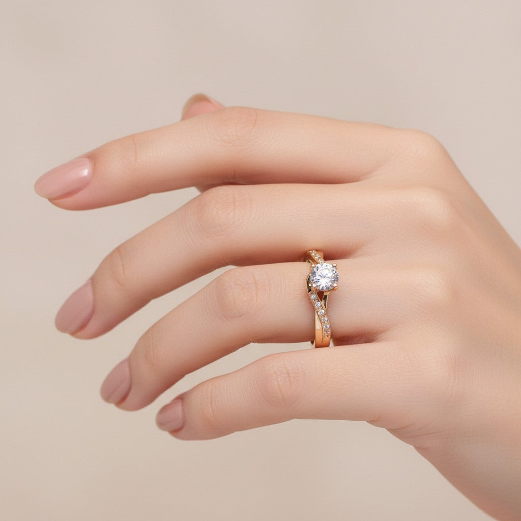 Jade18k Paulina engagement ring in 18k orange gold with a central cubic zirconia and pave set stones on the band.