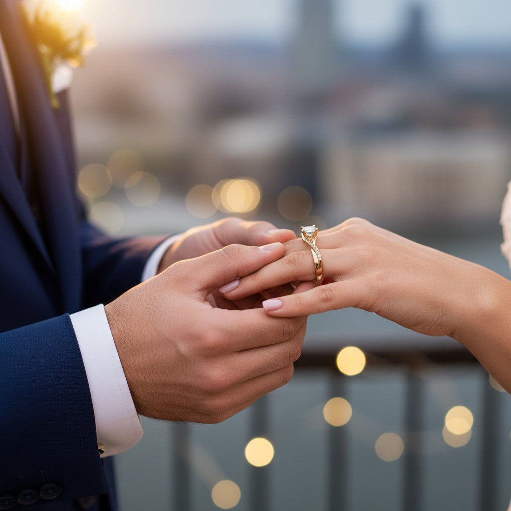 Jade18k Paulina engagement ring in 18k orange gold with a central cubic zirconia and pave cubic zirconia accents on the band.