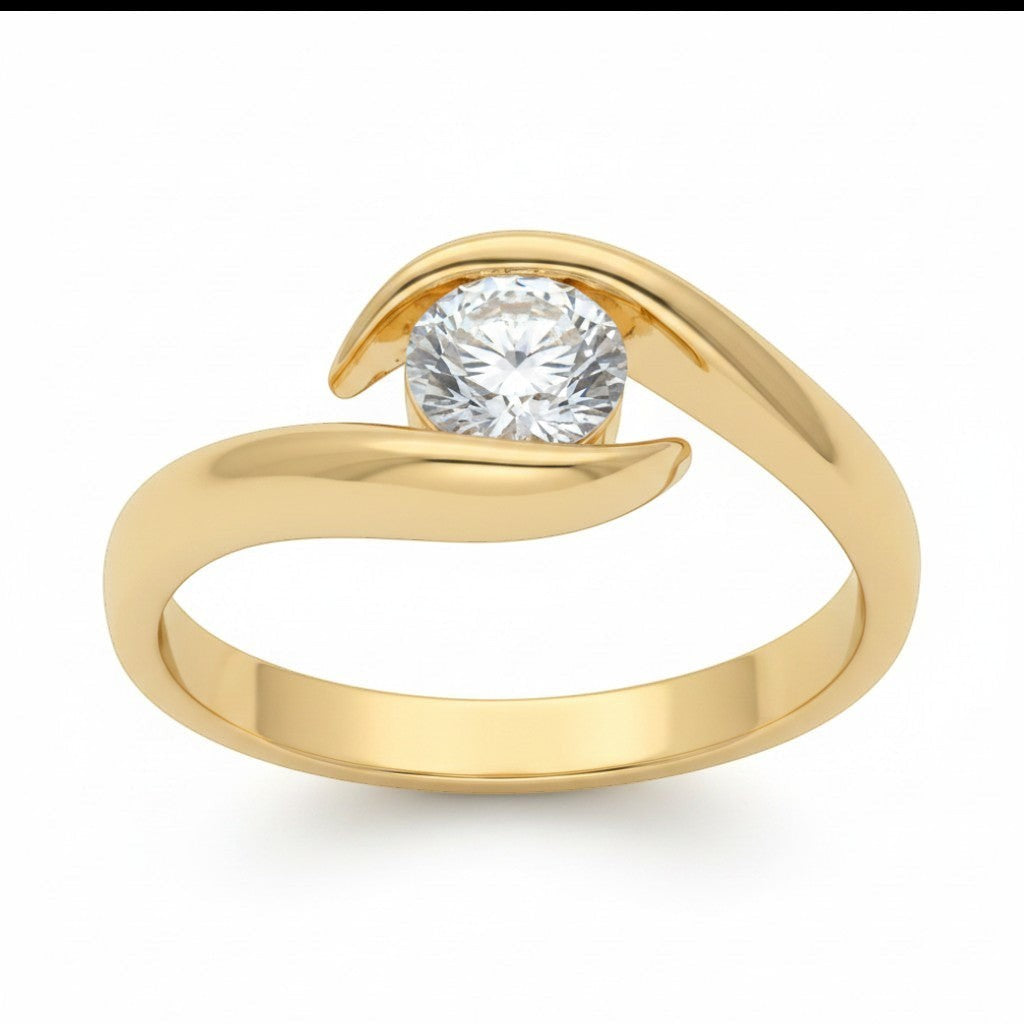 Jade18k Orus engagement ring in 18k orange gold with a round cubic zirconia stone and a unique twisted band design.