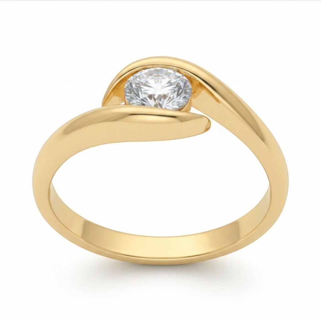 Jade18k Orus engagement ring in 18k orange gold with a round cubic zirconia stone and a bypass band design.