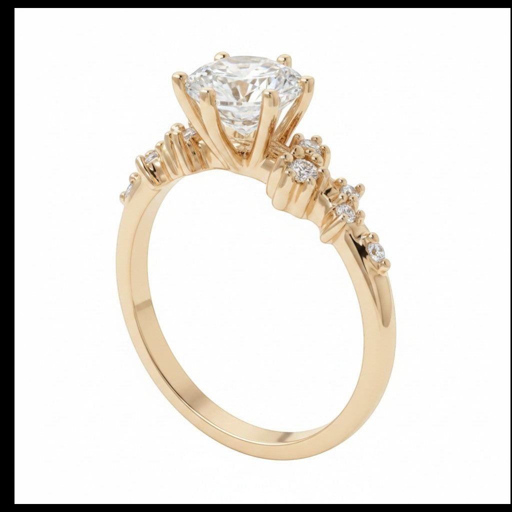 Jade18k Frisda 2 engagement ring in 18k orange gold with a central zircon stone and small accent stones on the band.
