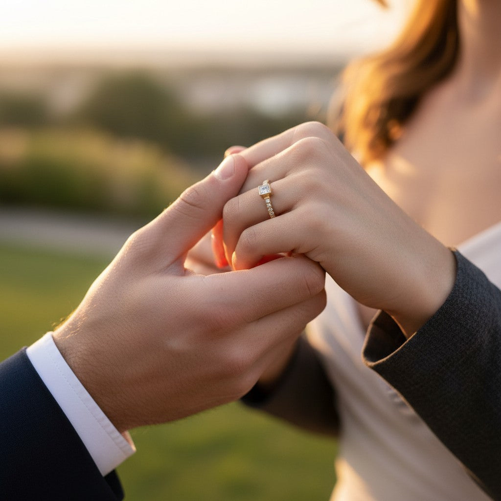 Jade18k Laura engagement ring in 18k orange gold with a princess-cut cubic zirconia and small side stones.