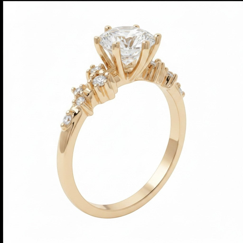 Jade18k Frisda 2 engagement ring in 18k orange gold with a central zircon stone and small accent stones on the band.