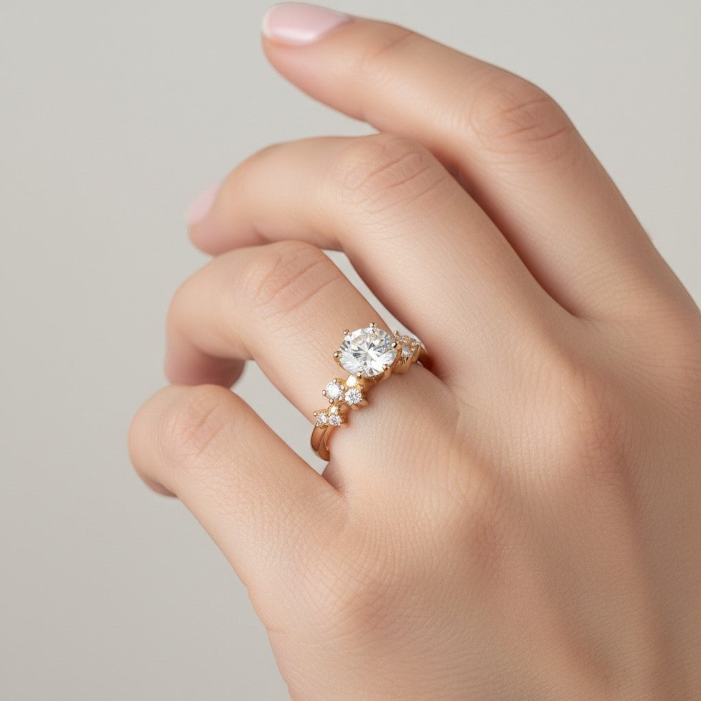 Jade18k Frisda 2 engagement ring in 18k orange gold with a central zircon stone and accent stones on the band.