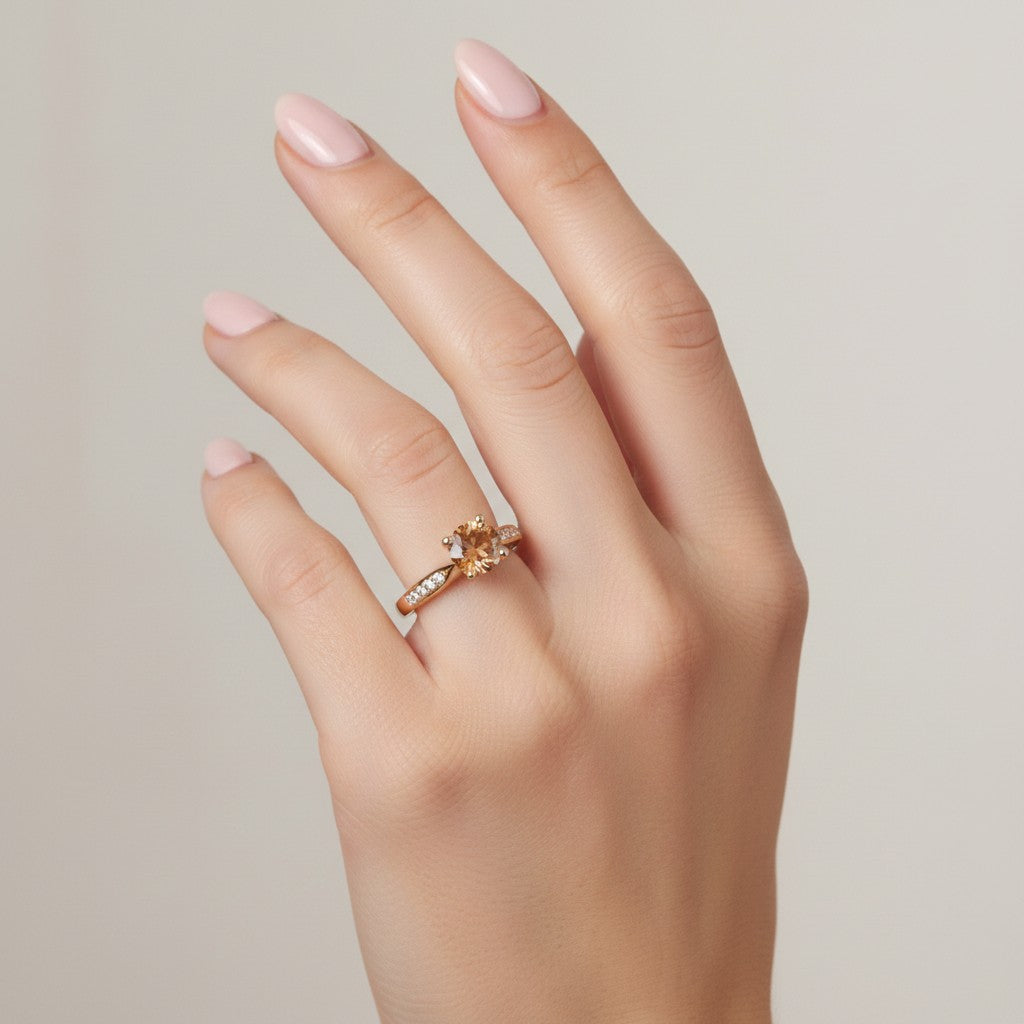 Jade18k Camille engagement ring in 18k orange gold with a central orange zircon and pavé set diamonds on the band.