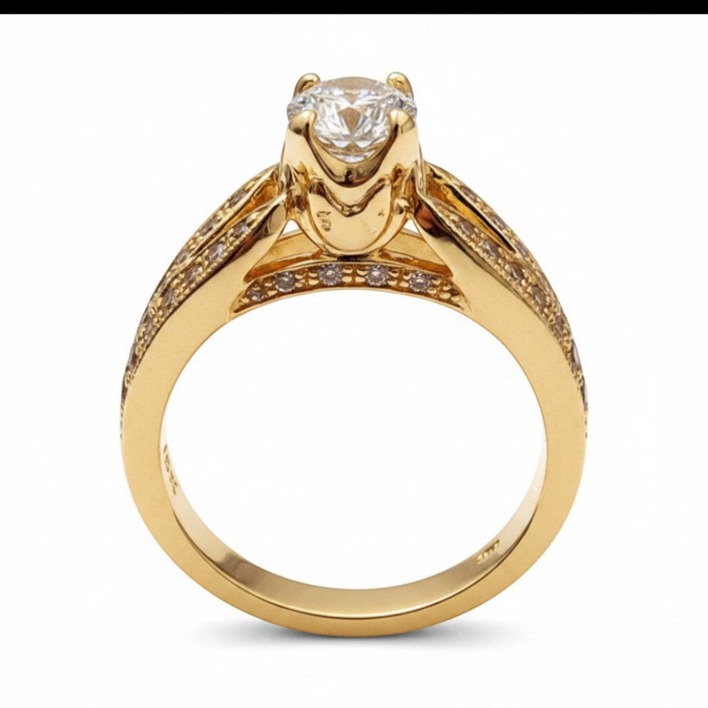 Jade18k 18k orange gold engagement ring with a round-cut zircon stone and pave diamond band.
