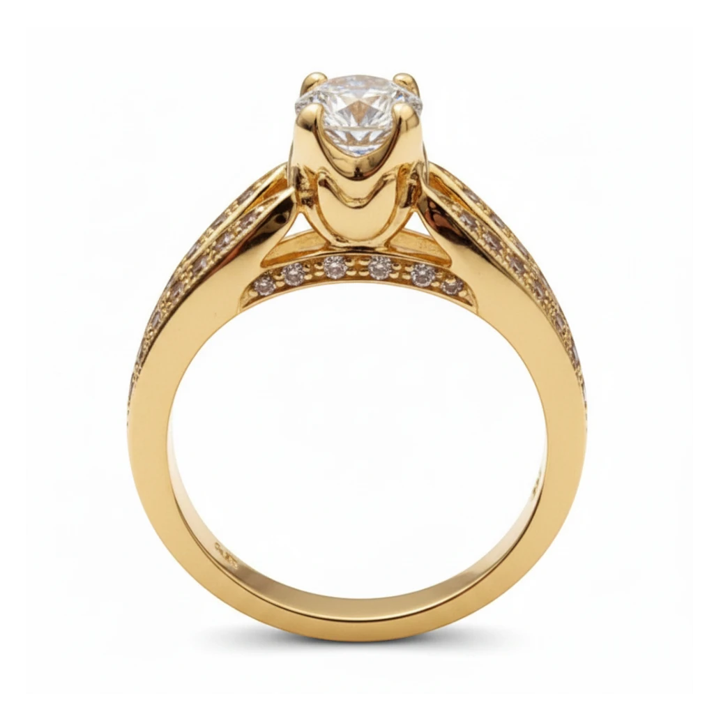 Jade18k 18k orange gold engagement ring with a central zircon stone and pave diamond band.