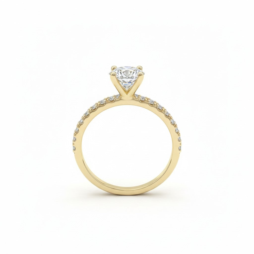 Jade18k Angella engagement ring with moissanite center stone and pavé band in 18k orange gold.