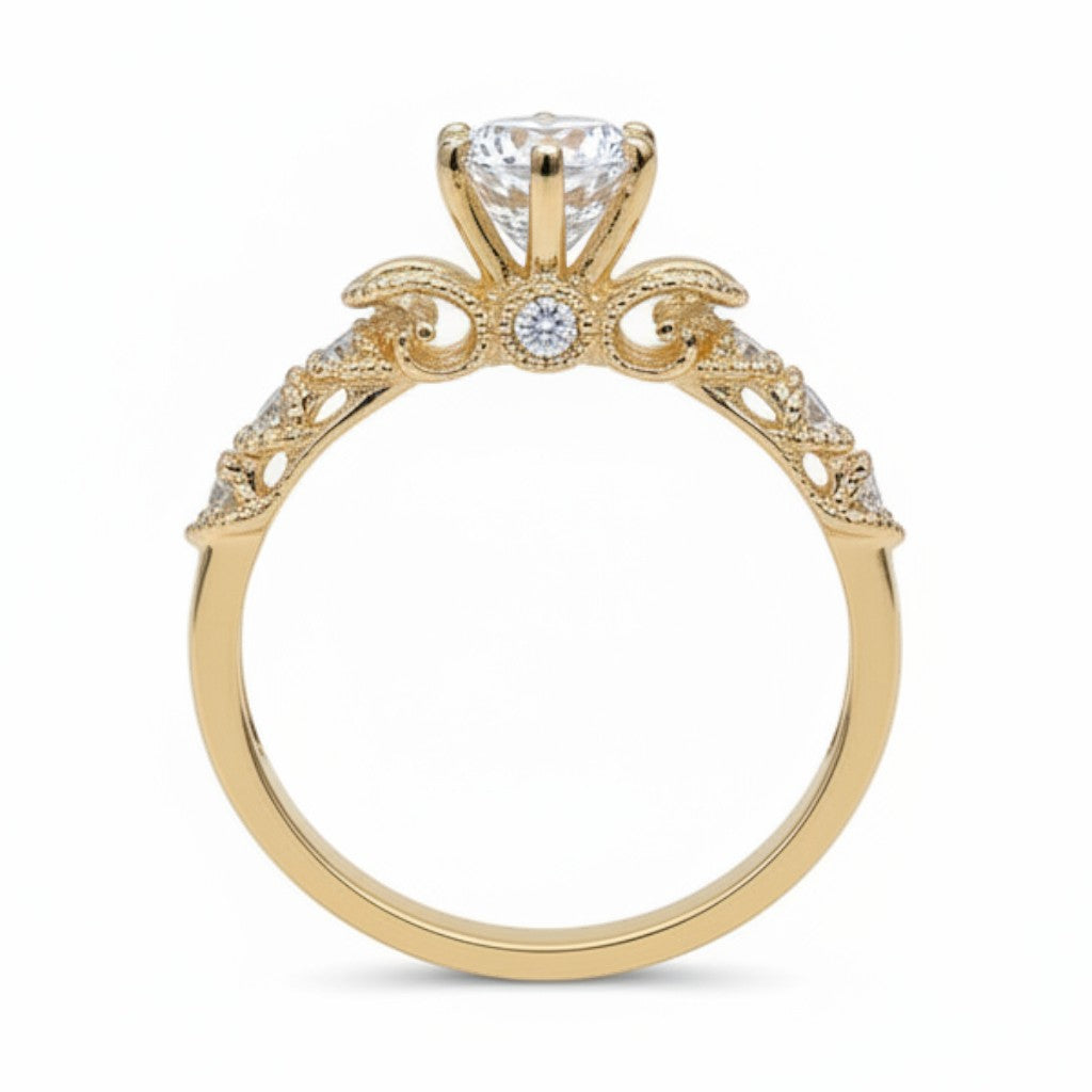 Jade18k 18K orange gold engagement ring with a central moissanite and intricate detailing on the band.
