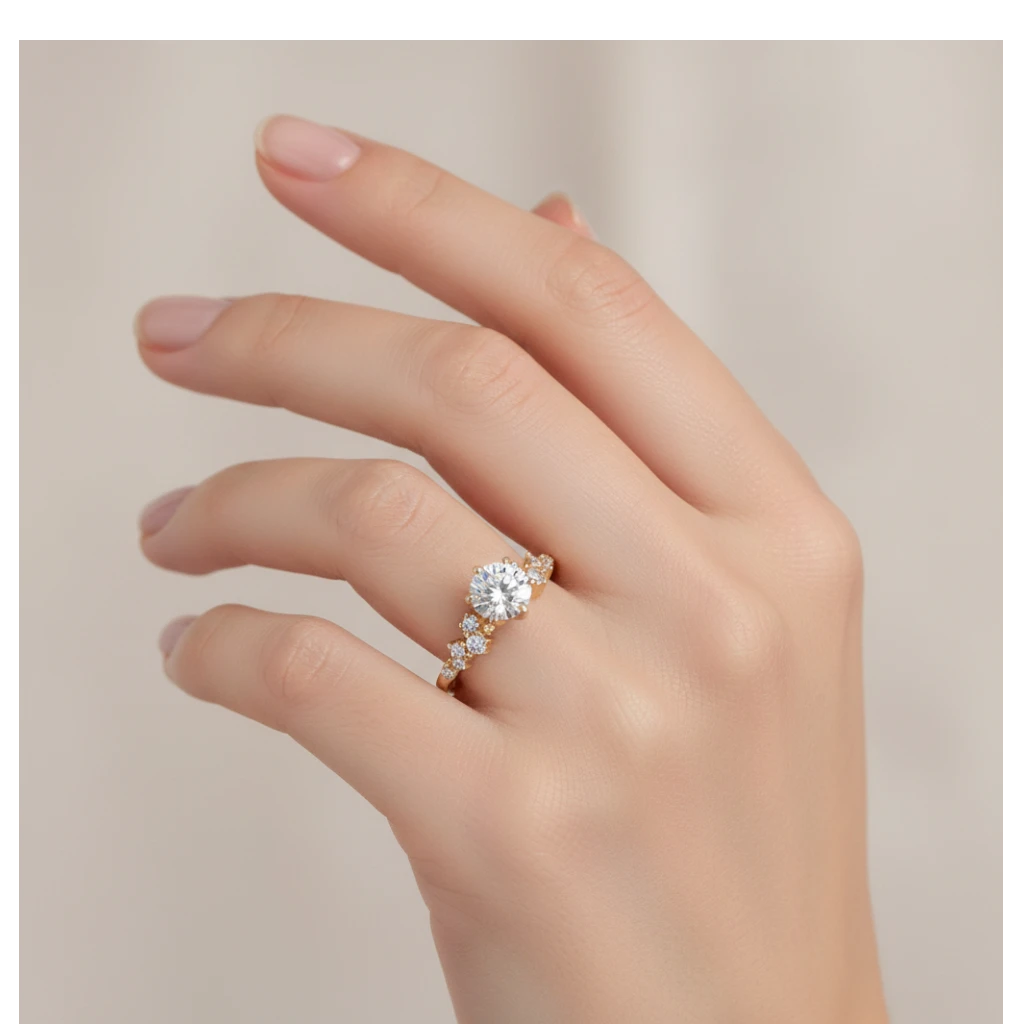 Jade18k 18k orange gold engagement ring with moissanite center stone and accent stones.