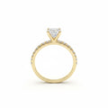 Jade18k Angella engagement ring with moissanite stones set in 18k orange gold with pavé band.