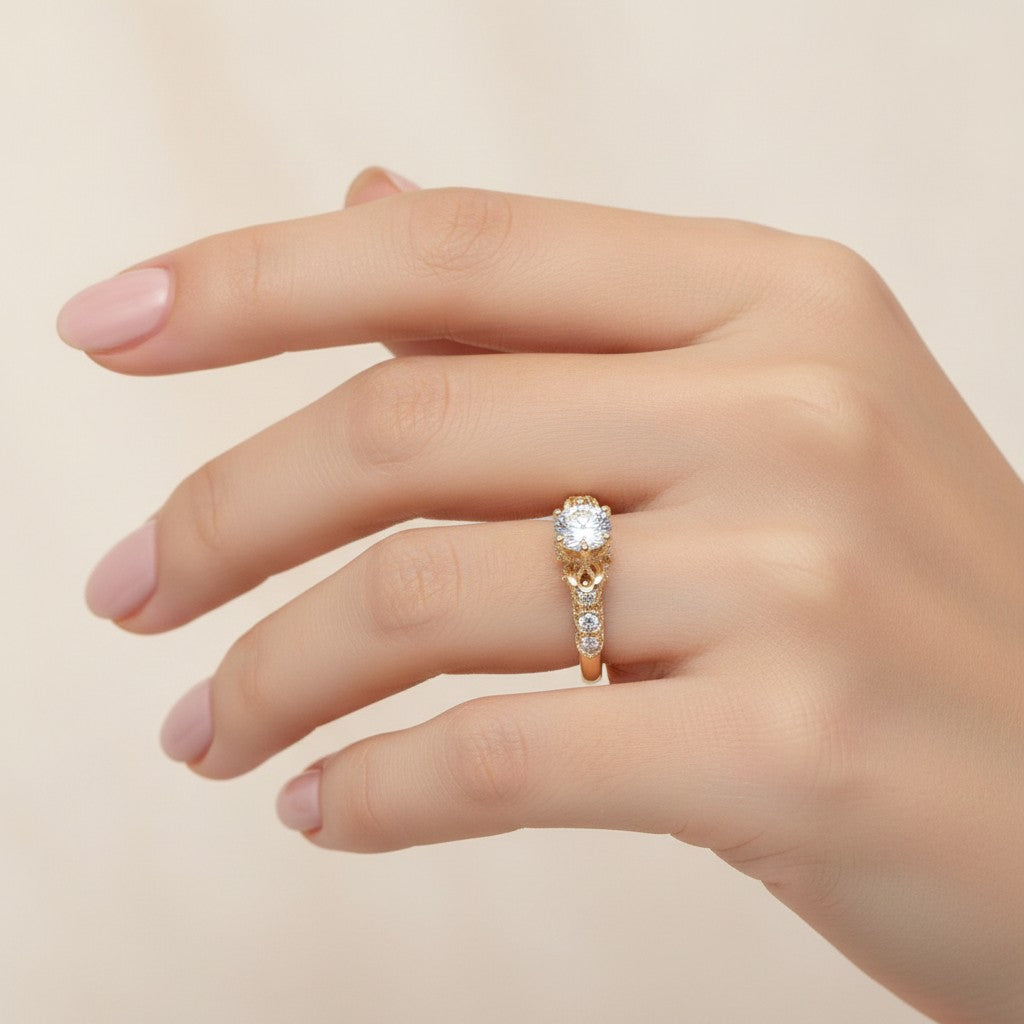 Jade18k 18K orange gold engagement ring with a central moissanite and intricate detailing on the band.