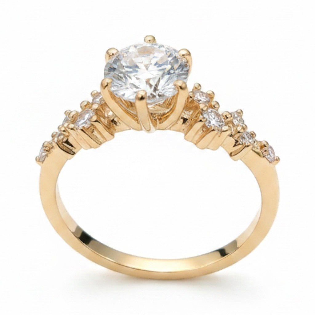 Jade18k 18k orange gold engagement ring with a large moissanite center stone and smaller accent stones on the band.