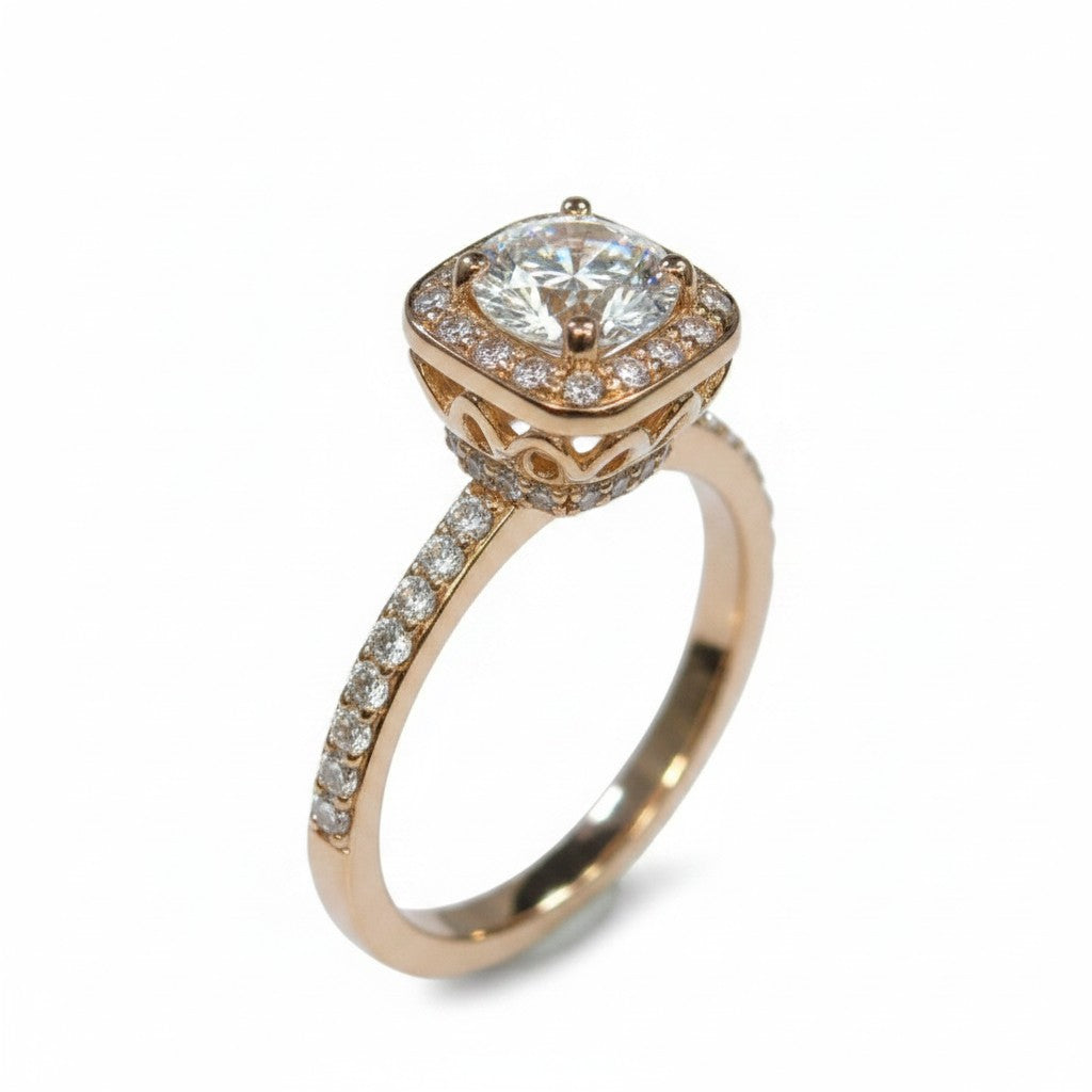 Jade18k 18k orange gold engagement ring with moissanite center stone and halo, pave band.