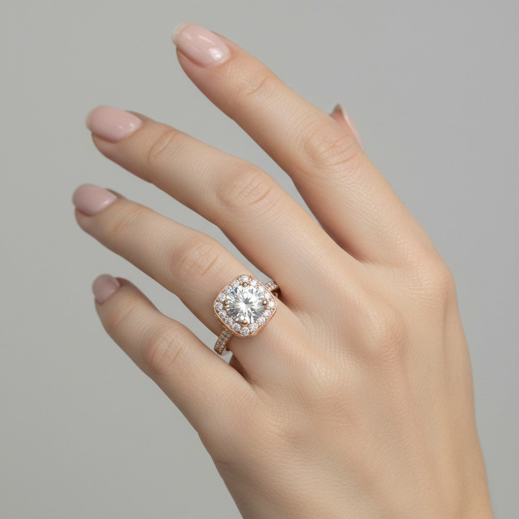 Jade18k 18k orange gold engagement ring with moissanite center stone and halo, pave band.