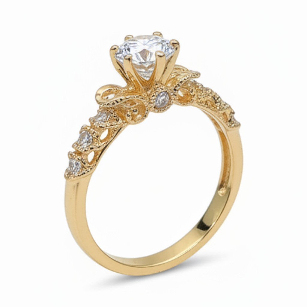 Jade18k 18K orange gold engagement ring with moissanite center stone and intricate band detailing.