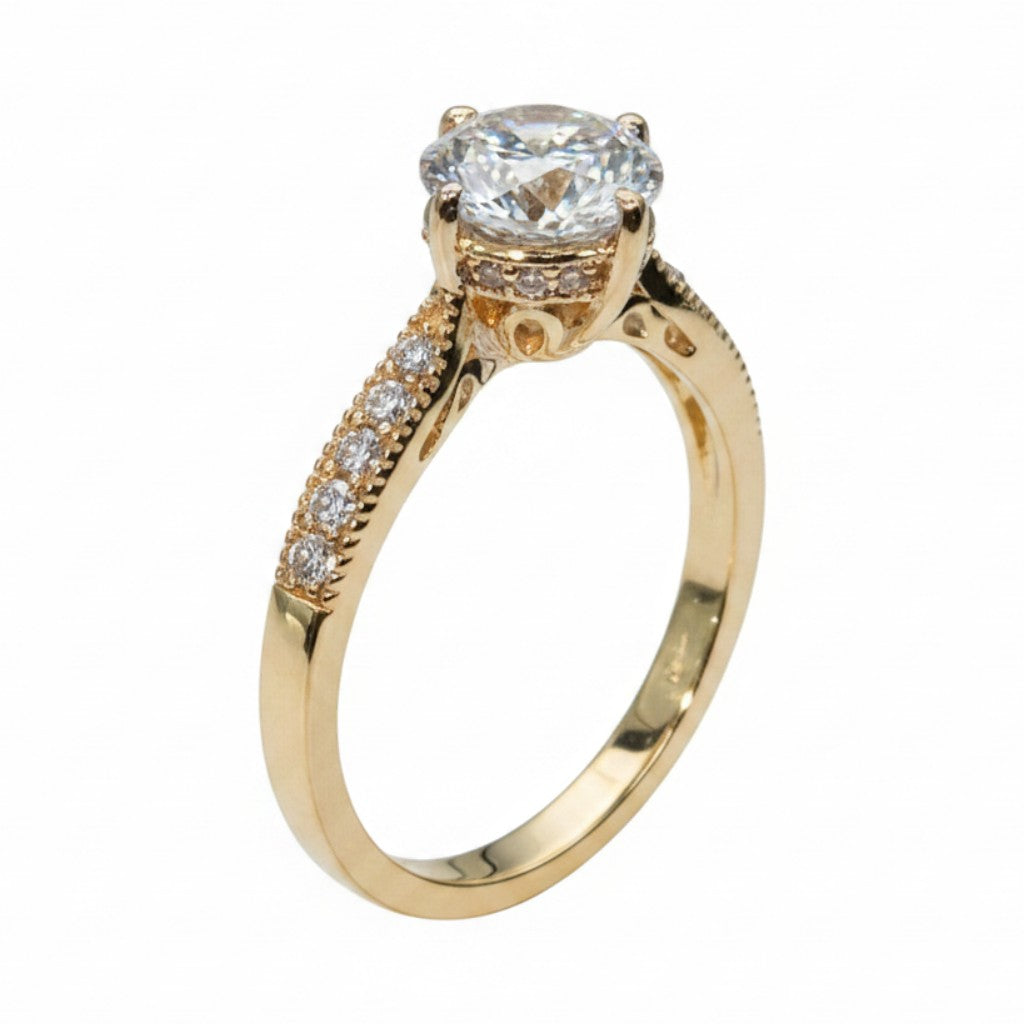 Jade18k 18k orange gold solitaire ring with cubic zirconia stones and detailed band.