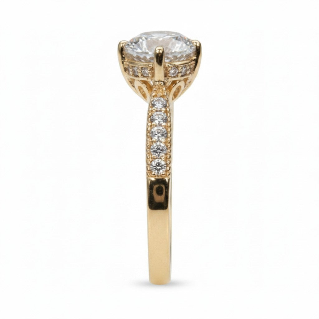 Jade18k 18k orange gold solitaire ring with round-cut zircon center stone and pavé zircon band.