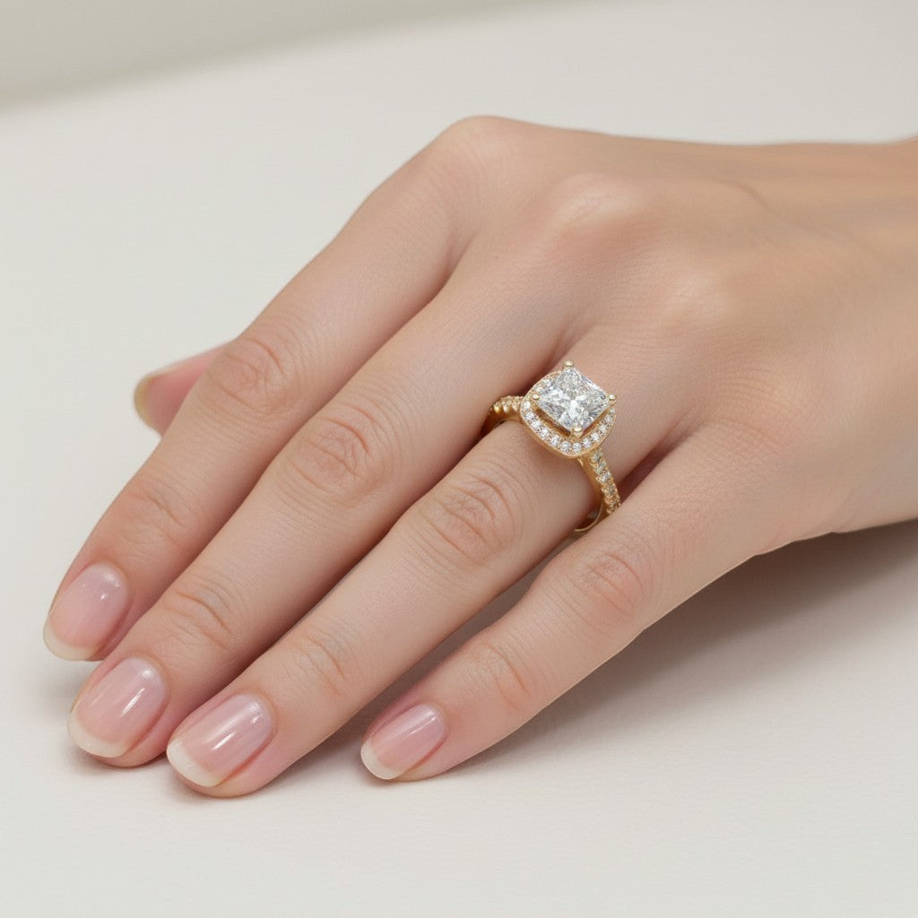 Jade18k 18k yellow gold princess cut diamond engagement ring with moissanite halo and band.