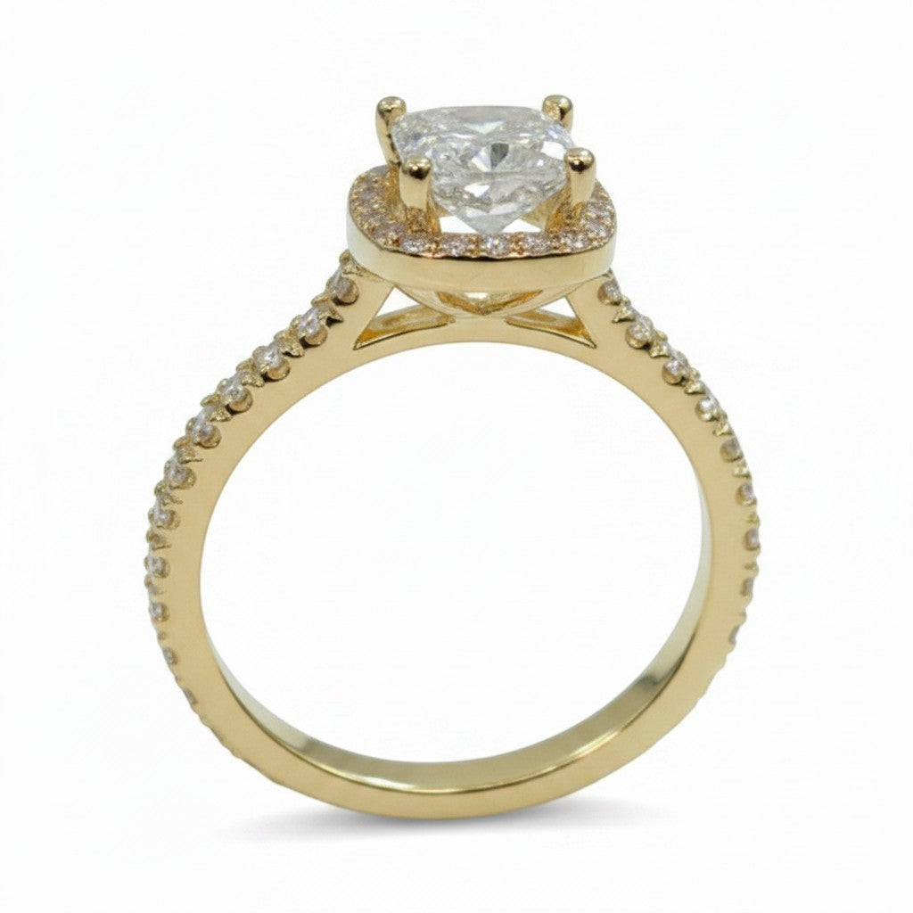 Jade18k 18k yellow gold princess cut diamond engagement ring with moissanite side stones and a halo setting.