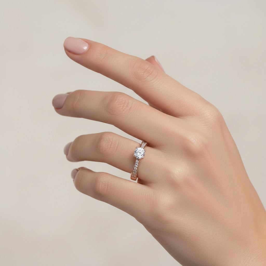 Jade18k Mariafer engagement ring in 18k rose gold with pavé-set cubic zirconia on the band.