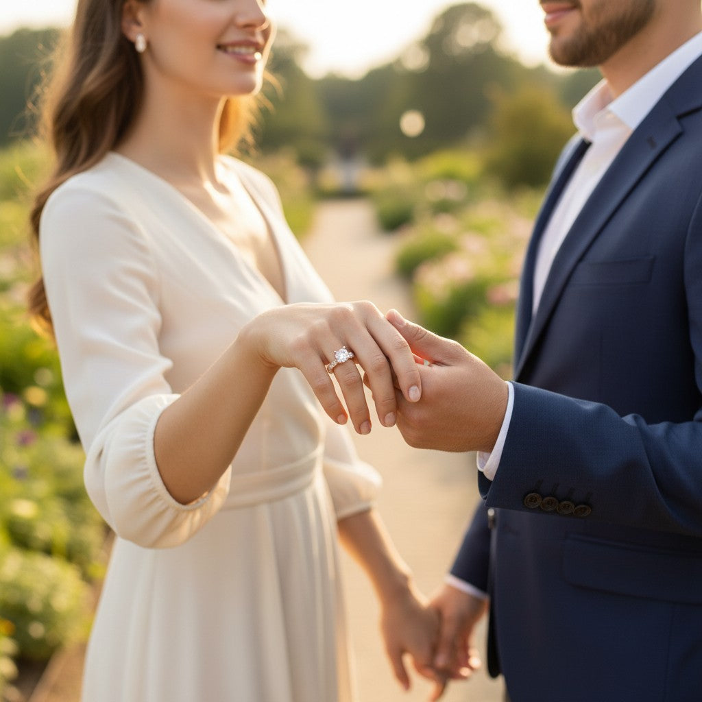 Jade18k Queen engagement ring with moissanite center stone and rose gold band with diamond accents.