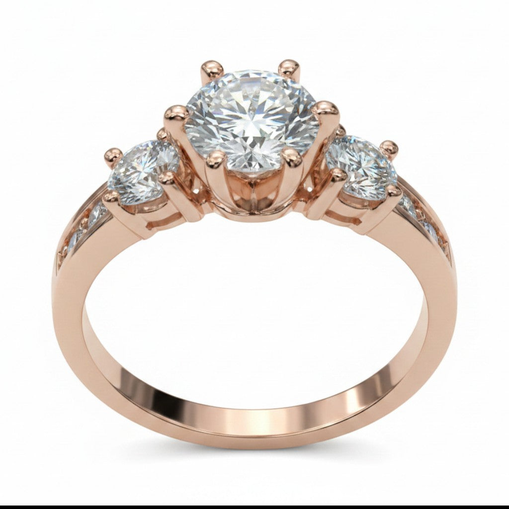 Jade18k 18k rose gold ring with a large central moissanite and two smaller moissanites on the sides, brilliant cut.