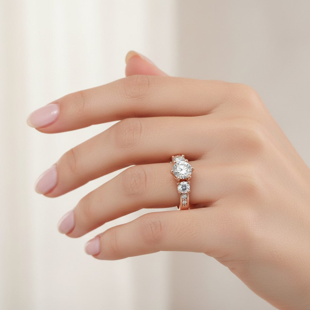 Jade18k rose gold 18k ring with a large central moissanite and two smaller side moissanites. The band features channel-set stones.