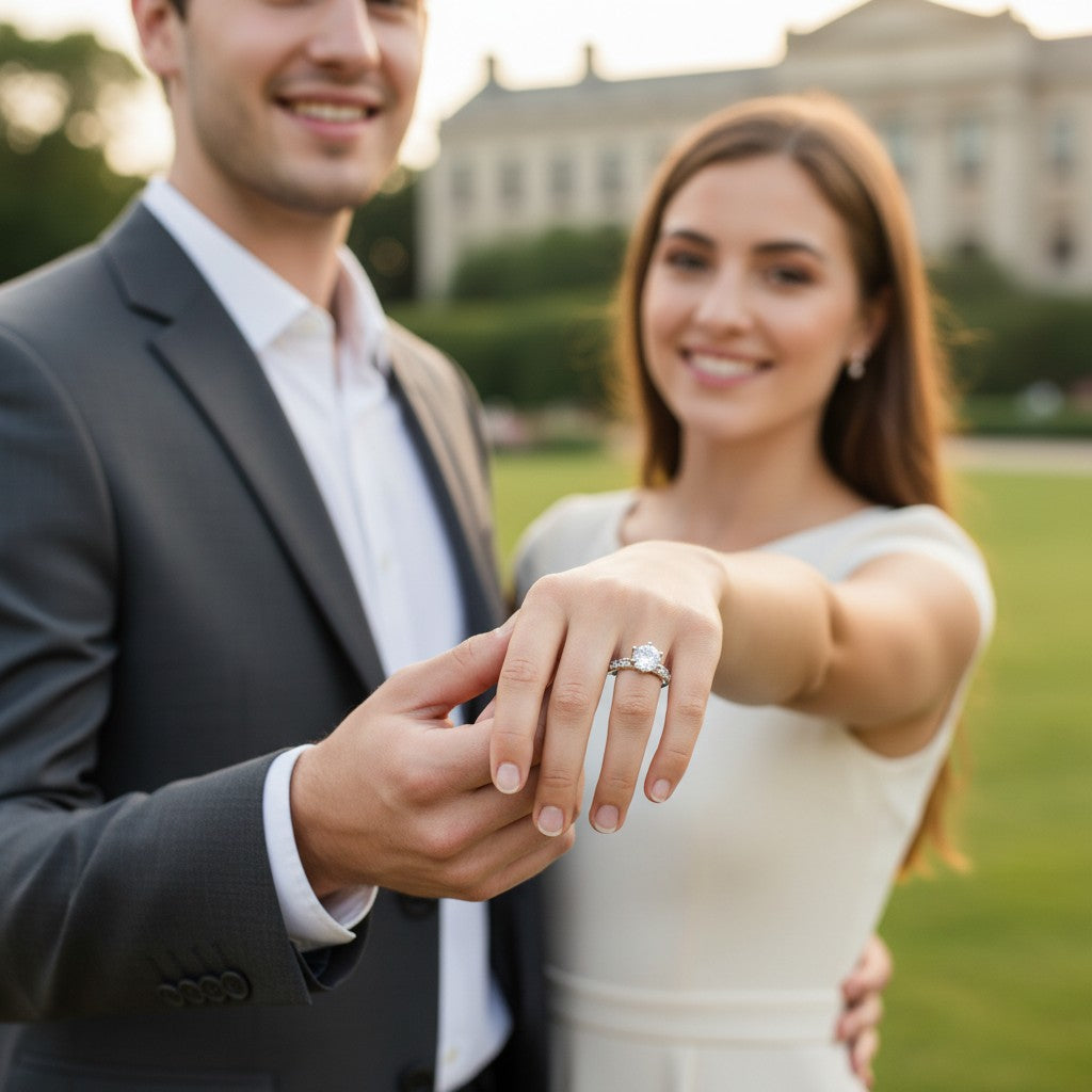 Jade18k engagement ring in silver with a central round-cut cubic zirconia and pave-set stones on the band.