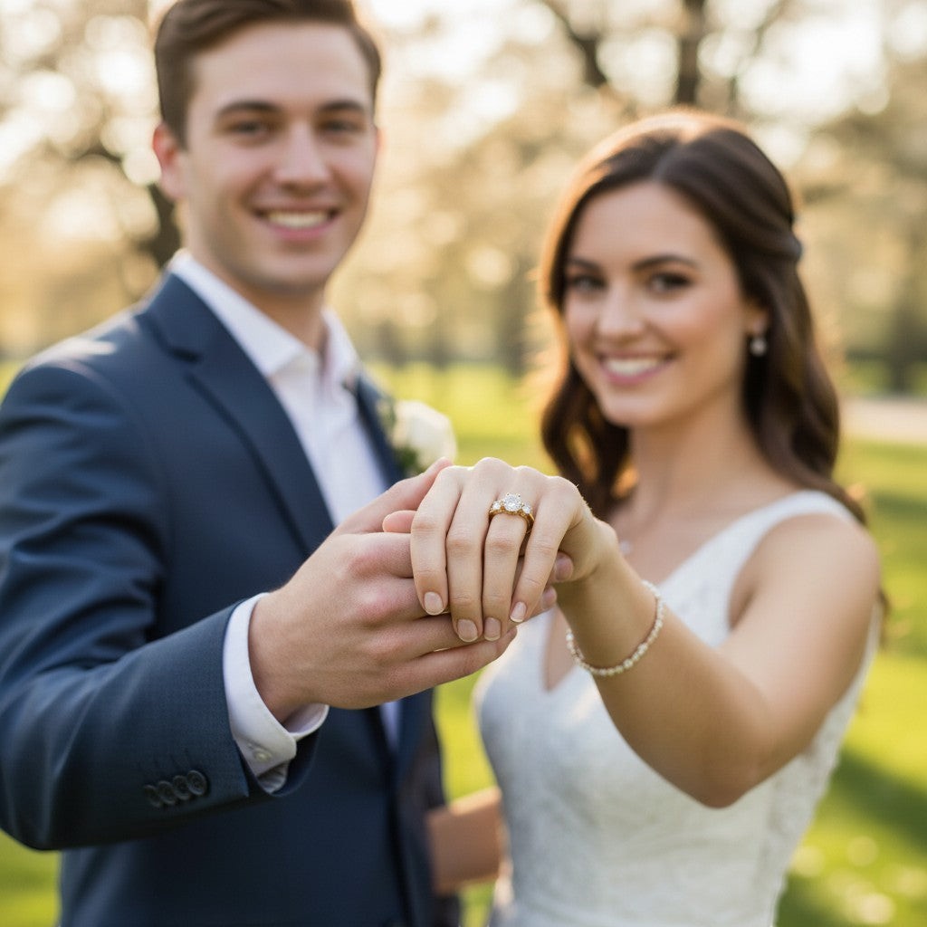 Jade18k yellow gold three-stone engagement ring with round-cut center stone and channel-set accent stones on a woman's hand.